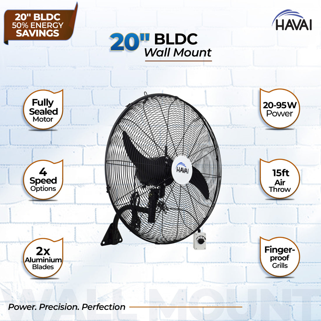 Havai BLDC Wall Mount Fan 20 Inch, 50% Savings On Electricity, High Velocity, Heavy Duty Metal For Industrial, Commercial And Residential Use, Assembly Included , Black