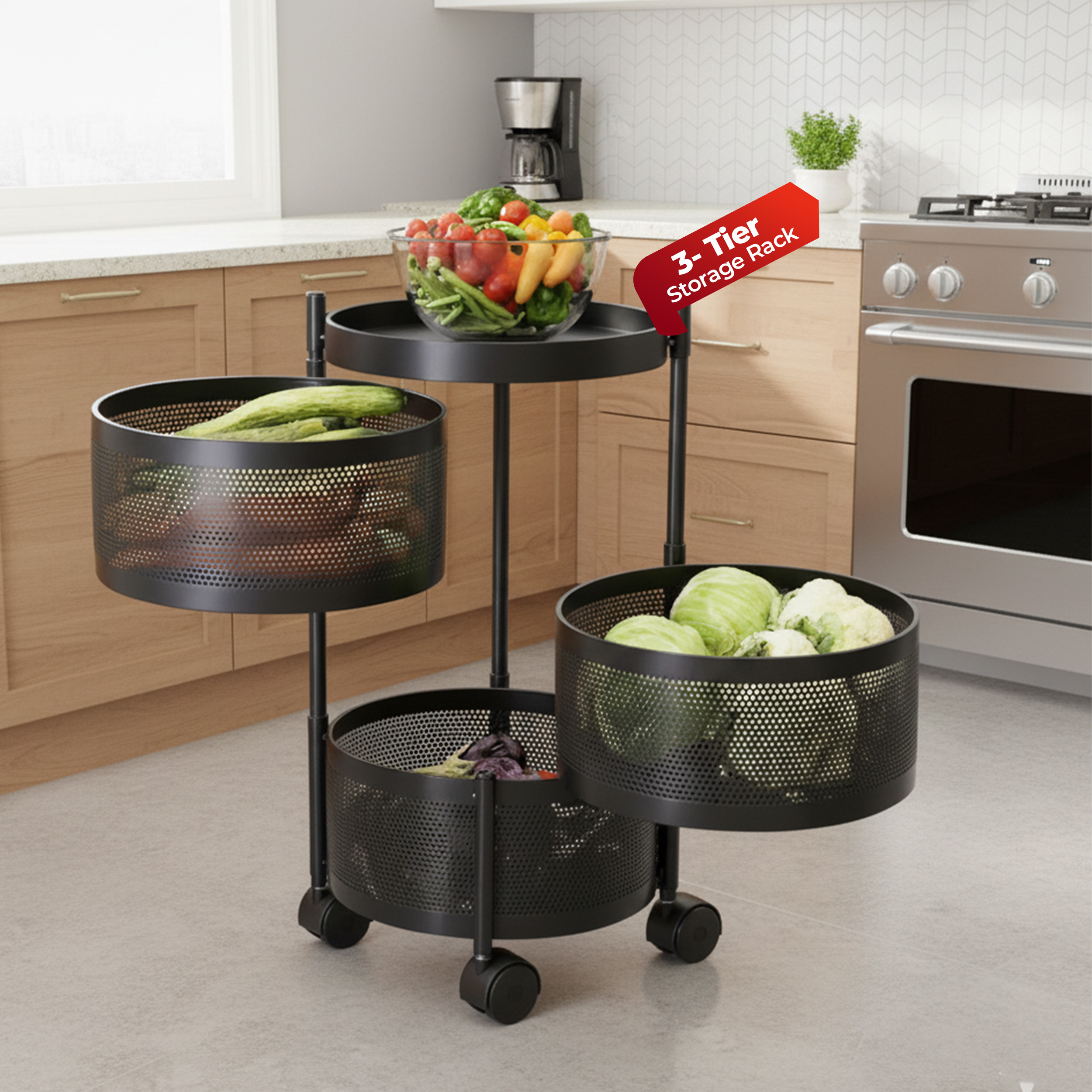 Havai 3 Tier Round Rolling Kitchen Storage Rack | Sturdy Metal Frame | Space-Saving Utility Shelf – Black