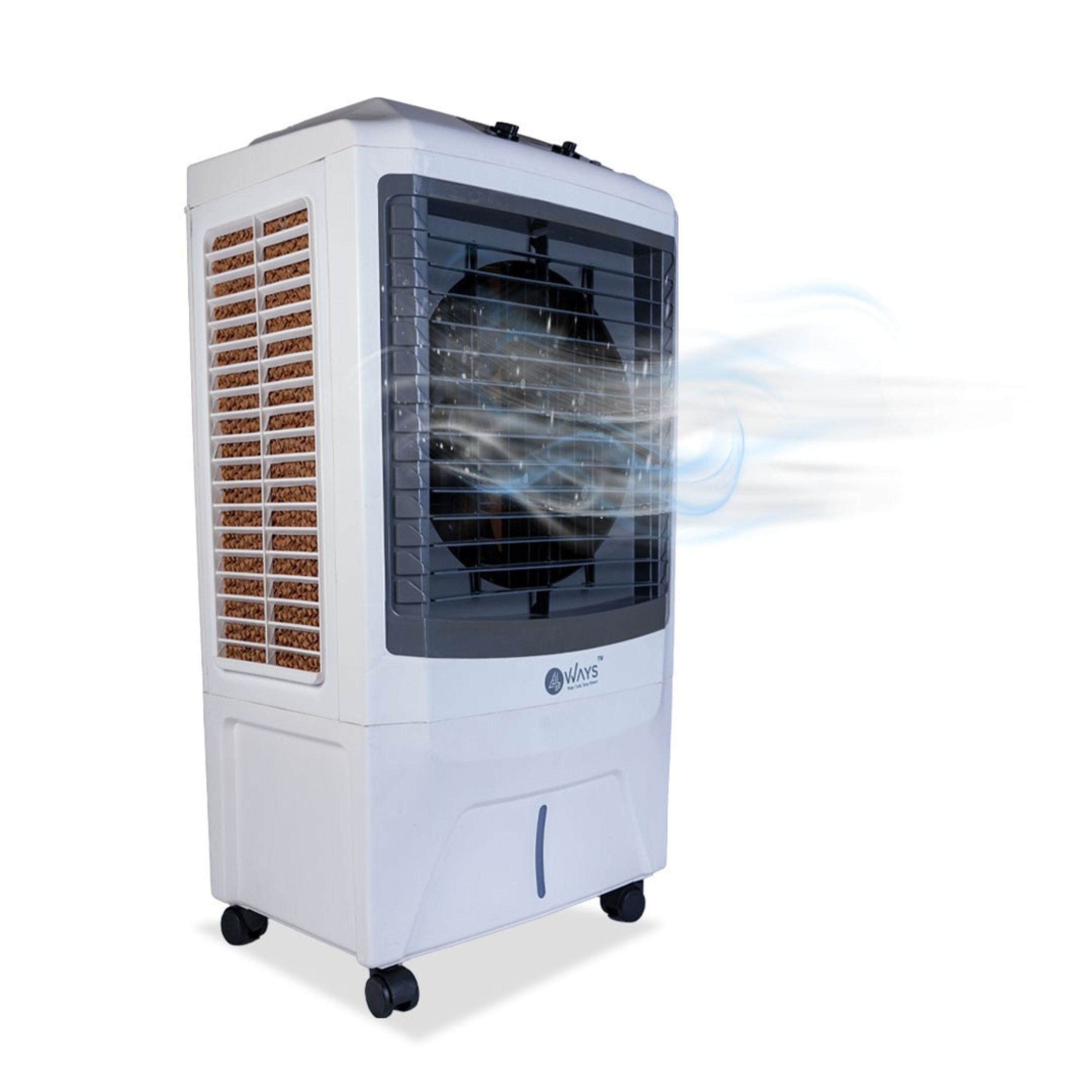 4 Way Plus Cooler | 17-Inch Fan Blade | High Thrust Energy | 500 Sq. Ft Area Coverage | 25-Foot Air Throw | 80 Litre Tank | Three-Side Honeycomb Pads | 1-Year Warranty | Sleek Design