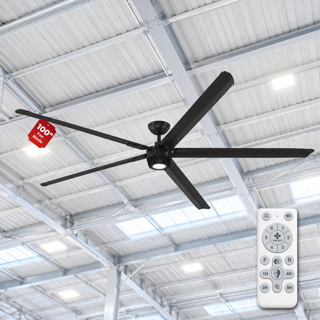 Havai Mini HVLS BLDC Ceiling Fan 100 Inch, 4500 CFM Commercial 88W BLDC Motor, 4,500 CFM Air Volume, 90 RPM, 1,600 Sq. Ft. Coverage, 5 Aluminium Blades, 18W 3-Colour Light, Remote