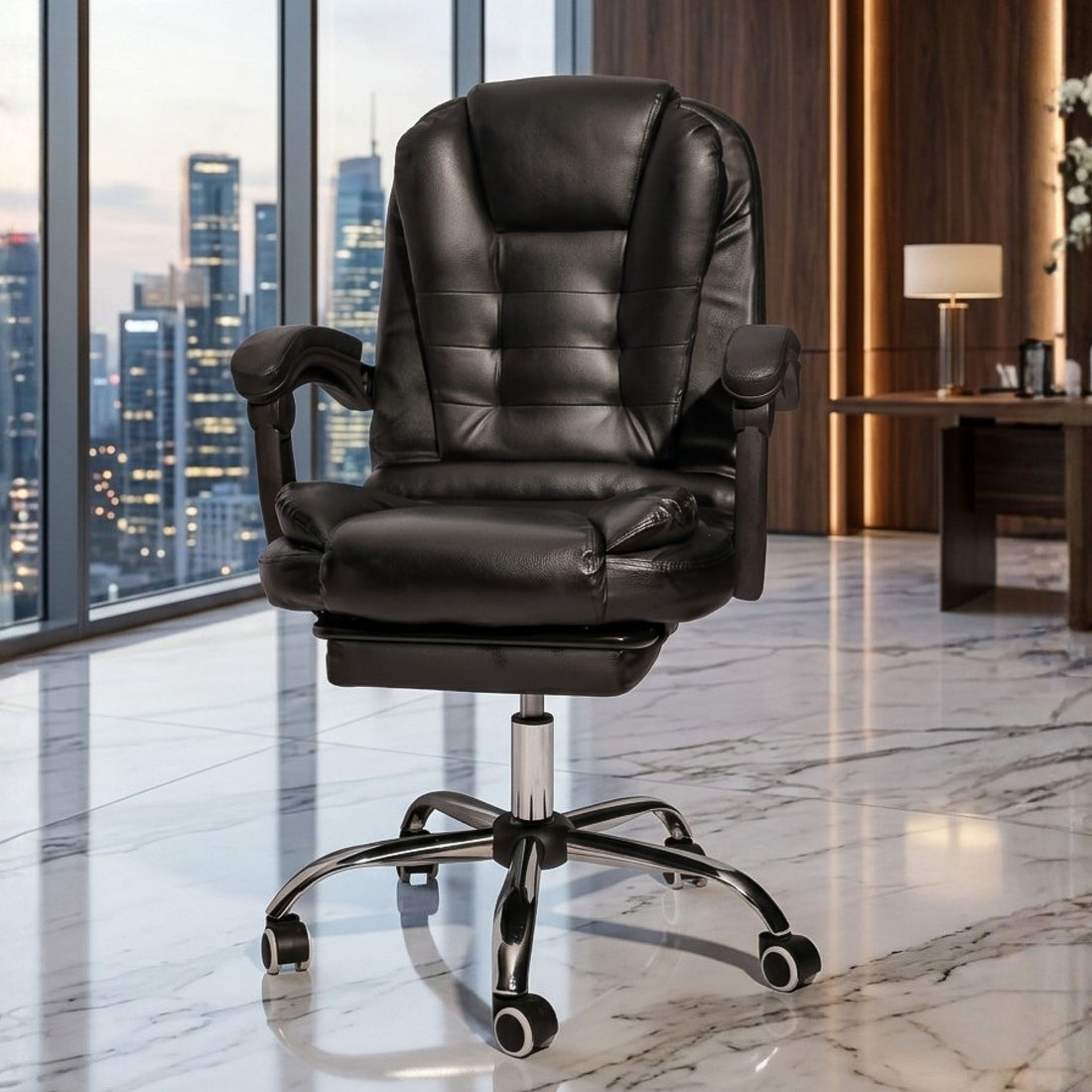 HAVAI Comfexa Executive Office Chair | Premium Recliner Chair with Footrest | Ergonomic High Back Cushion | PVC Leather Finish | Reclining &amp; Folding Mechanism | Class 2 Gas Lift | Nylon Base | Heavy Duty Office &amp; WFH Chair | Black