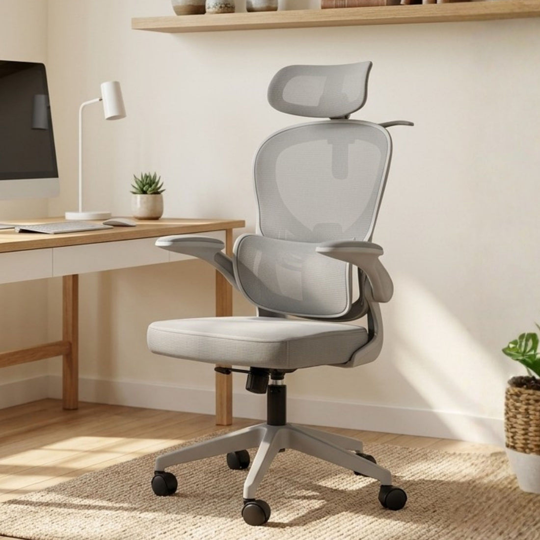 HAVAI Velmora Ergonomic Office Chair | High Back Mesh Chair with Reclining Mechanism, Adjustable Armrest, Headrest &amp; Lumbar Support | Nylon Base &amp; Wheels | Executive/WFH Chair (Grey)