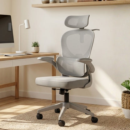 HAVAI Velmora Ergonomic Office Chair | High Back Mesh Chair with Reclining Mechanism, Adjustable Armrest, Headrest &amp; Lumbar Support | Nylon Base &amp; Wheels | Executive/WFH Chair (Grey)