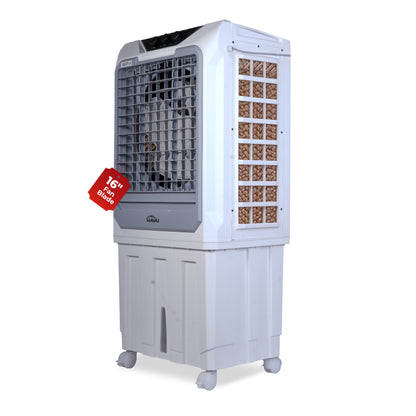 HAVAI Mighty 16 Desert Air Cooler | 16 Inch Special Bent-Edge Blade, 100L Tank, 5190 m³/hr Air Delivery | Covers 350 Sq Ft | Honeycomb Pads, Aluminium Motor, Closed Louvers, Wheels | White &amp; Grey