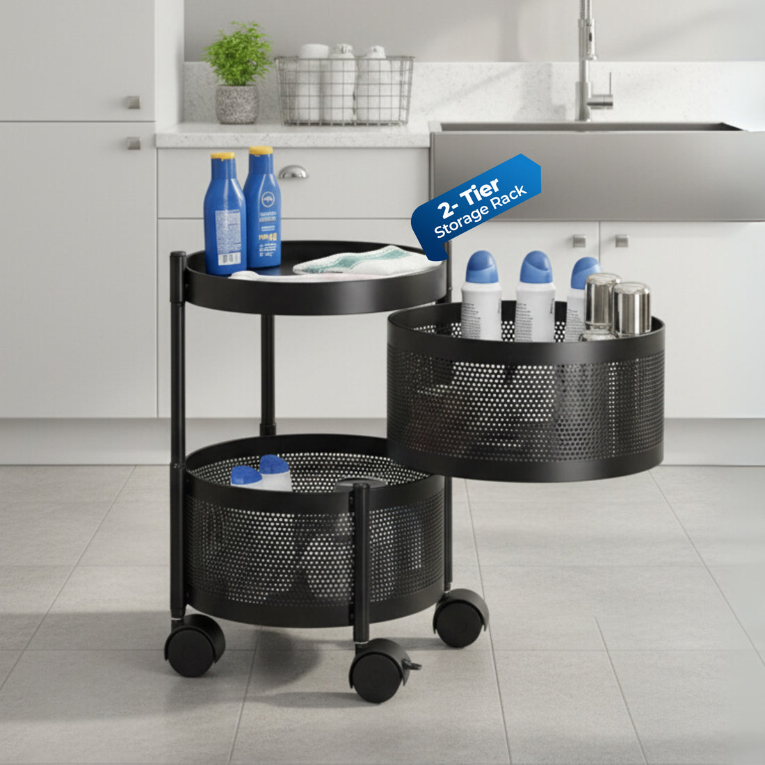 HAVAI 2 Tier Round Rolling Kitchen Storage Rack | Sturdy Metal Frame| Space-Saving Utility Shelf – Black