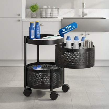 HAVAI 2 Tier Round Rolling Kitchen Storage Rack | Sturdy Metal Frame| Space-Saving Utility Shelf – Black