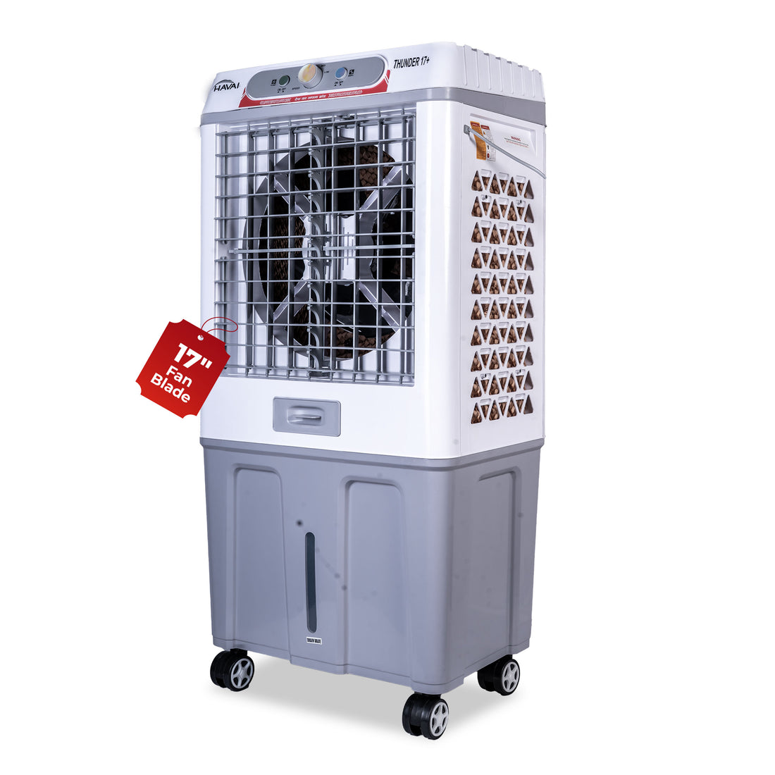 HAVAI Thunder 17+ Desert Cooler | 100L Tank | 17-Inch Fan Blade | 3-Side Honeycomb Pads | Heavy-Duty 110 Dia 32mm Motor | Auto Swing | 1-Year Motor Warranty & Post-Warranty Service | White & Brown