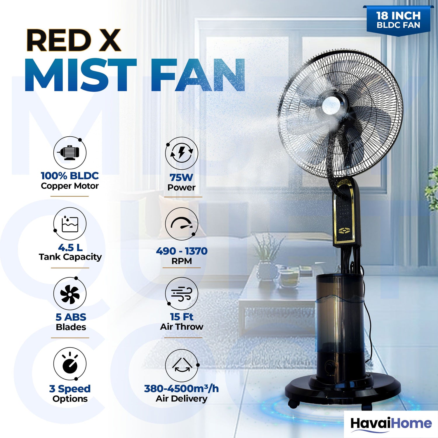 RED X 18" BLDC Mist Pedestal Fan – High-Speed, Remote &amp; Touch Control, 4.5L Tank, 75W Power, 350 Sq Ft Coverage, Easy Install, Black