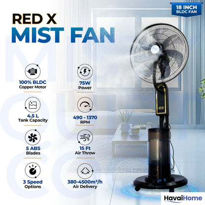 RED X 18" BLDC Mist Pedestal Fan – High-Speed, Remote &amp; Touch Control, 4.5L Tank, 75W Power, 350 Sq Ft Coverage, Easy Install, Black