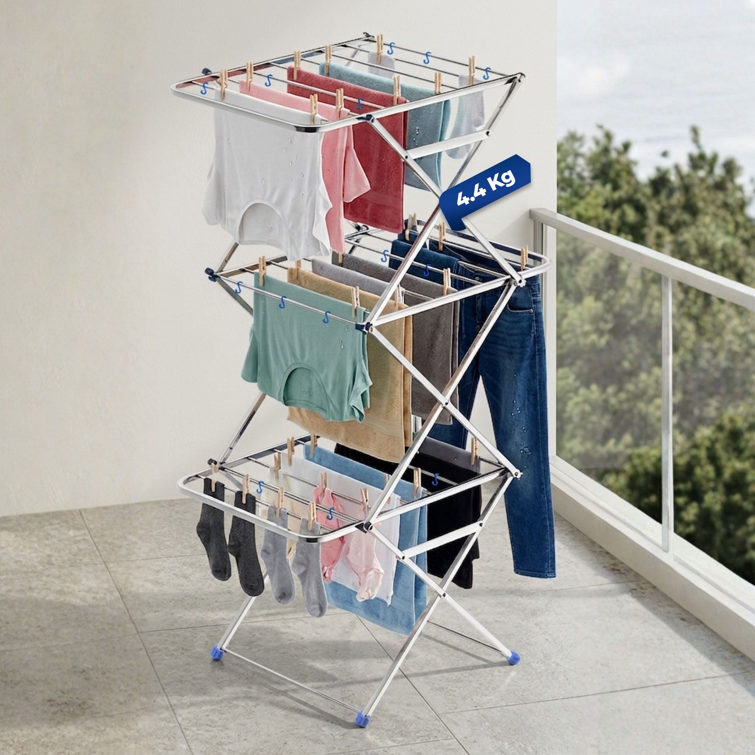 HAVAI DryNest 4.5 KG Heavy Duty Clothes Drying Stand | 40 KG Load Capacity | 3-Tier Zig-Zag Foldable Stainless Steel Airer | Rust Resistant Laundry Rack for Balcony, Indoor &amp; Outdoor Use