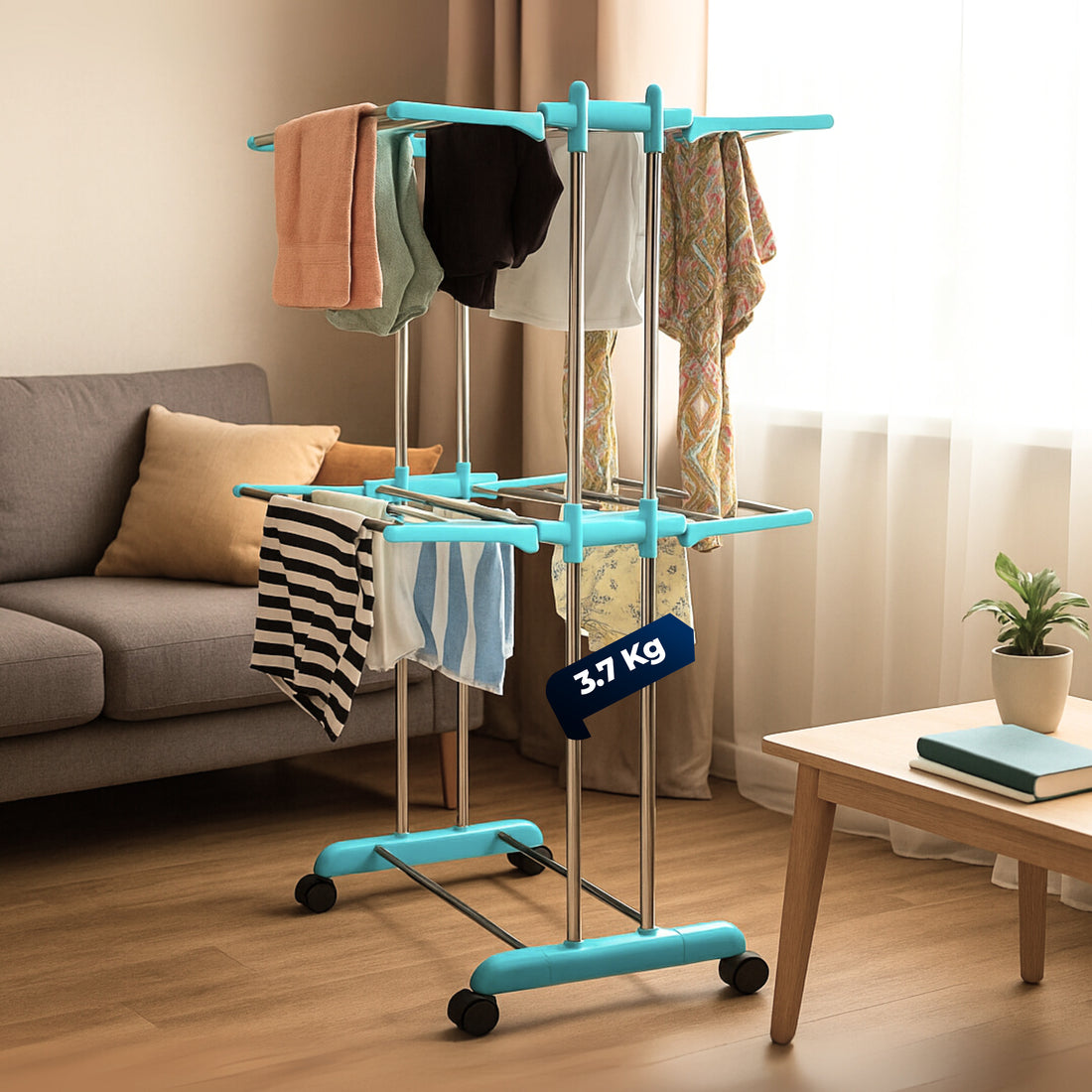 HAVAI DryNest 3.7 KG Premium Clothes Drying Stand with Wheels | Heavy-Duty Rust-Free Steel &amp; Strong Steel Rods | 2-Layer Foldable Jumbo Rack | Portable &amp; Balcony-Friendly