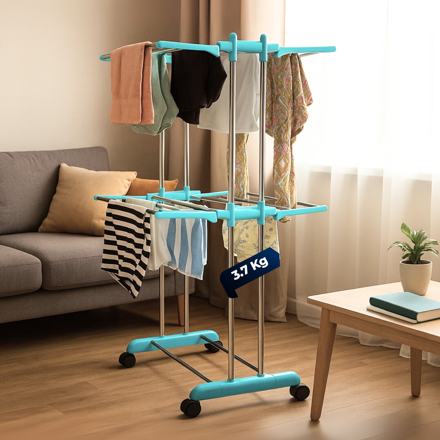 HAVAI DryNest 3.7 KG Premium Clothes Drying Stand with Wheels | Heavy-Duty Rust-Free Steel &amp; Strong Steel Rods | 2-Layer Foldable Jumbo Rack | Portable &amp; Balcony-Friendly