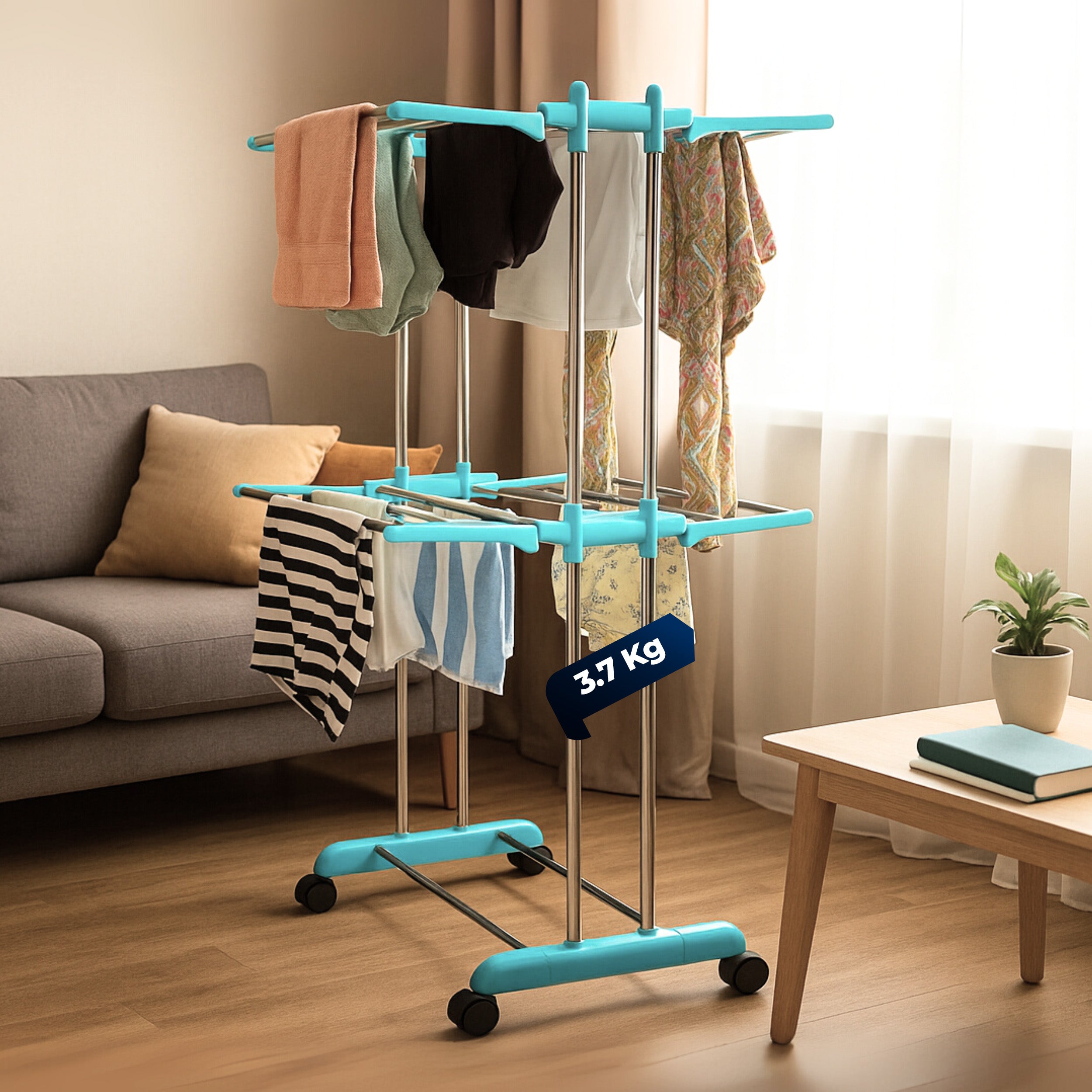 HAVAI DryNest 3.7 KG Premium Clothes Drying Stand with Wheels | Heavy-Duty Rust-Free Steel &amp; Strong Steel Rods | 2-Layer Foldable Jumbo Rack | Portable &amp; Balcony-Friendly