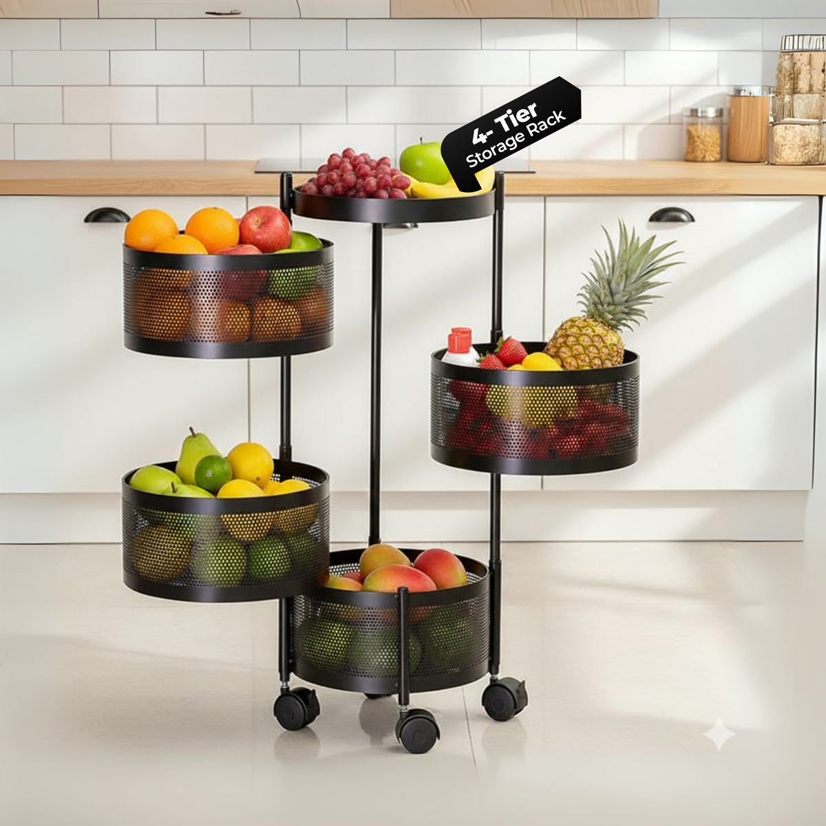Havai 4 Tier Round Rolling Kitchen Storage Rack | Sturdy Metal Frame | Space-Saving Utility Shelf – Black