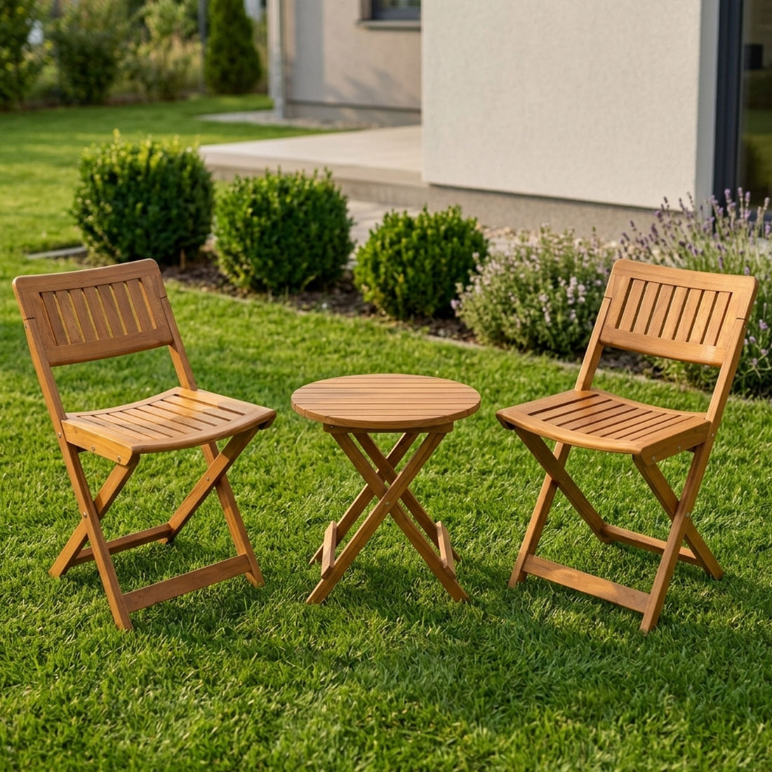 HAVAI Teakwood Foldable Balcony Furniture Set | 2 Chairs &amp; 1 Table | Premium Solid Teak Wood Outdoor Patio Set | Garden, Balcony, Terrace &amp; Cafe Furniture | Pre-Assembled Natural Wood Finish (BROWN)