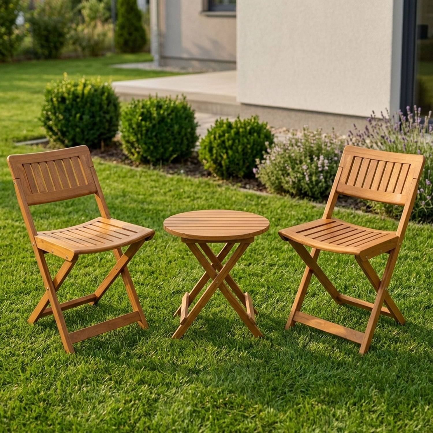 HAVAI Teakwood Foldable Balcony Furniture Set | 2 Chairs &amp; 1 Table | Premium Solid Teak Wood Outdoor Patio Set | Garden, Balcony, Terrace &amp; Cafe Furniture | Pre-Assembled Natural Wood Finish (BROWN)