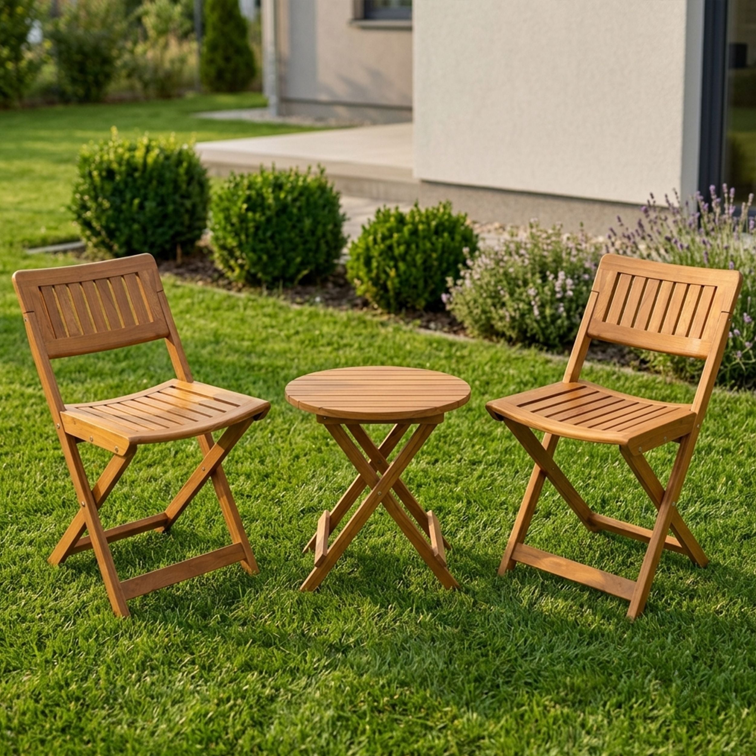 HAVAI Teakwood Foldable Balcony Furniture Set | 2 Chairs &amp; 1 Table | Premium Solid Teak Wood Outdoor Patio Set | Garden, Balcony, Terrace &amp; Cafe Furniture | Pre-Assembled Natural Wood Finish (BROWN)