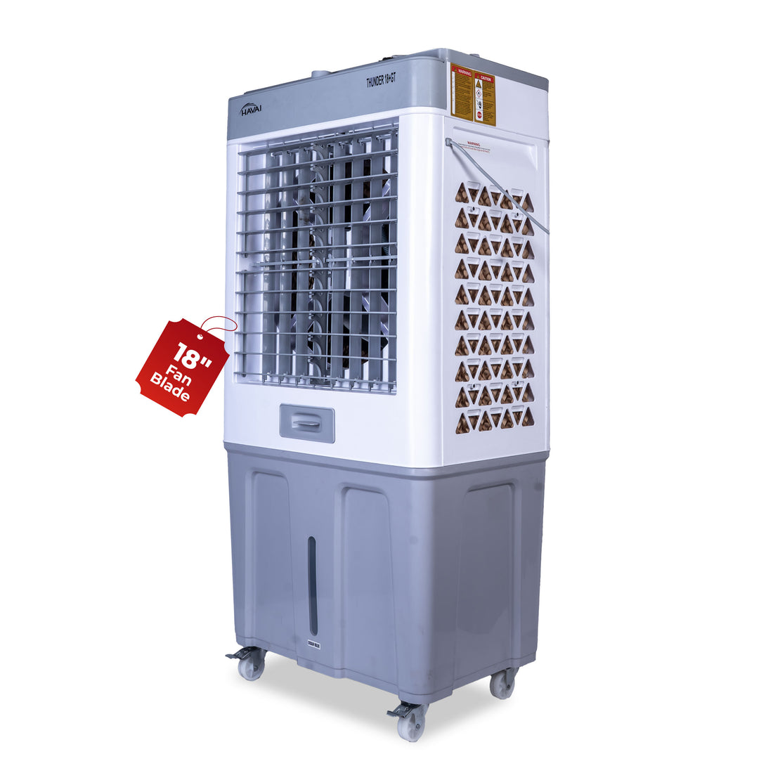 HAVAI Thunder 18+ GT Desert Cooler | 18” Aluminium Blade | 100L Tank | 3-Side Honeycomb Pads | 20 Ft Air Throw | Heavy-Duty 110mm Motor | Auto Swing | White &amp; Grey