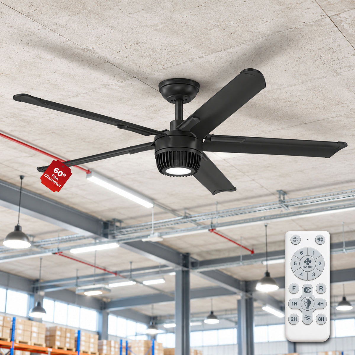 Havai Mini HVLS BLDC Ceiling Fan 60 Inch, 4200 CFM Commercial 50W BLDC Motor, 4,200 CFM Air Volume, 160 RPM, 650 Sq. Ft. Coverage, 5 Aluminium Blades, 18W 3-Colour Light, Remote