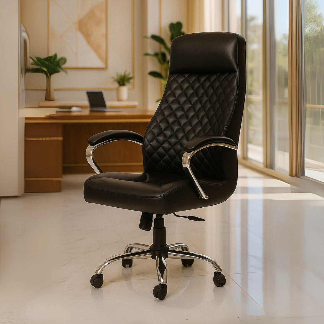 HAVAI Prime High Back Office Chair | Ergonomic Executive Chair |  Premium Leather | Single Lock Tilt Mechanism |  Mild Steel Chrome Base &amp; Arms | Class 4 Gaslift |  50mm Casters | High-Density Back &amp; Seat Cushion (Black)