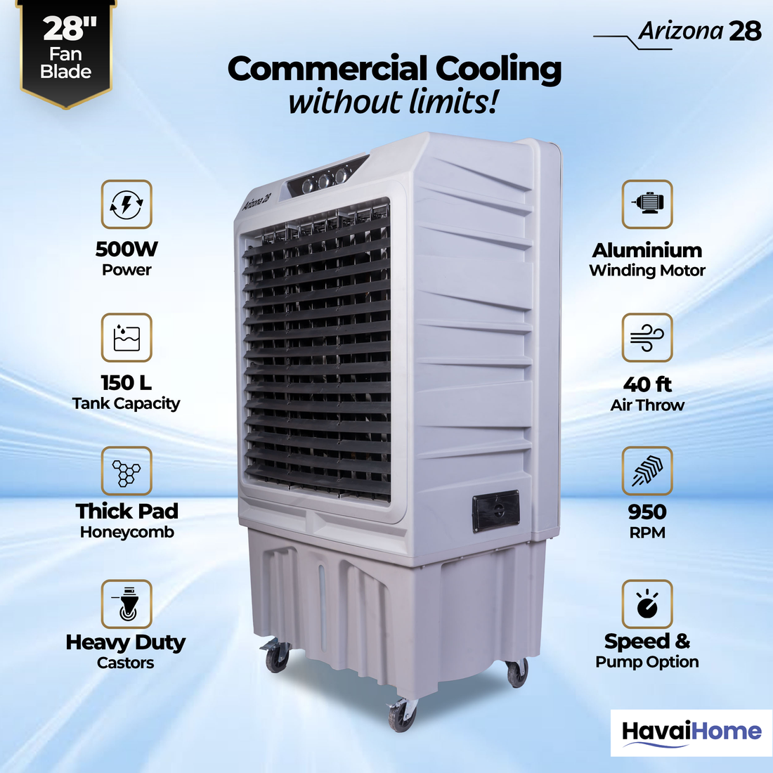 HAVAI Arizona 28 Industrial &amp; Commercial Air Cooler | 28-Inch Engineered 3-Leaf Blade | 10,000 m³/hr Air Delivery | 150L Tank | 500W Motor | 40 Ft Air Throw | Covers 700 Sq. Ft. | Finger Pull Drain Plug | 1-Year Warranty