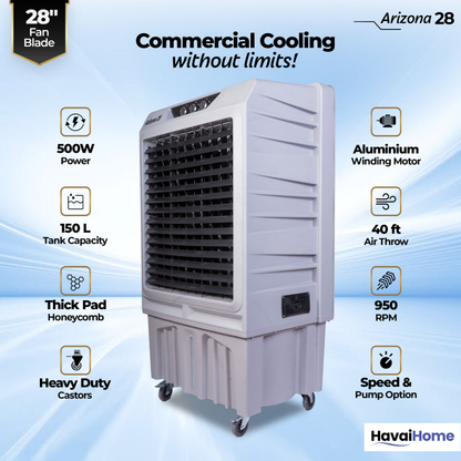 HAVAI Arizona 28 Industrial &amp; Commercial Air Cooler | 28-Inch Engineered 3-Leaf Blade | 10,000 m³/hr Air Delivery | 150L Tank | 500W Motor | 40 Ft Air Throw | Covers 700 Sq. Ft. | Finger Pull Drain Plug | 1-Year Warranty