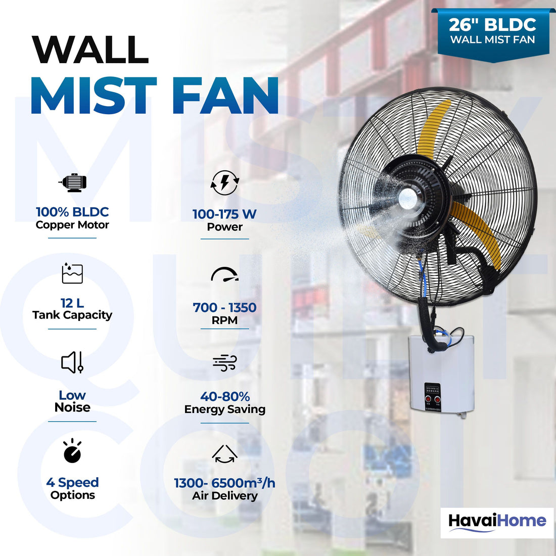 26" BLDC Wall-Mount Mist Fan – 450 Sq. Ft. Coverage, 12L Tank, 1300-9000 M³/Hr Airflow, 4-Speed Control, Yellow &amp; Black, 2-Year Warranty
