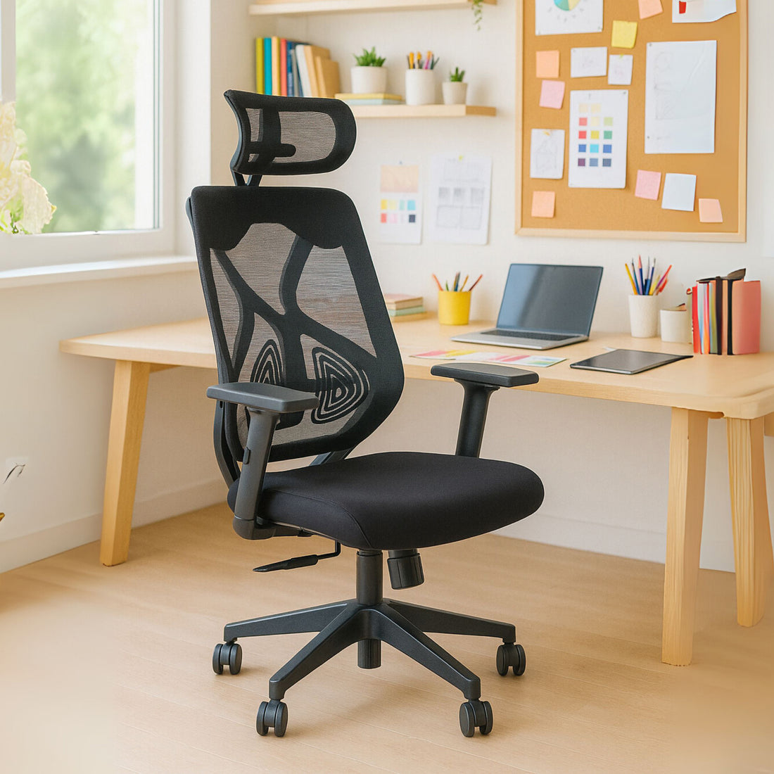 Off Comfy by HAVAI - Titan Lite Black Chair |  Korean Mesh | 2D Arms | Lumbar |  Seat Slider | Gaslift | Chrome Base | 60mm Castors