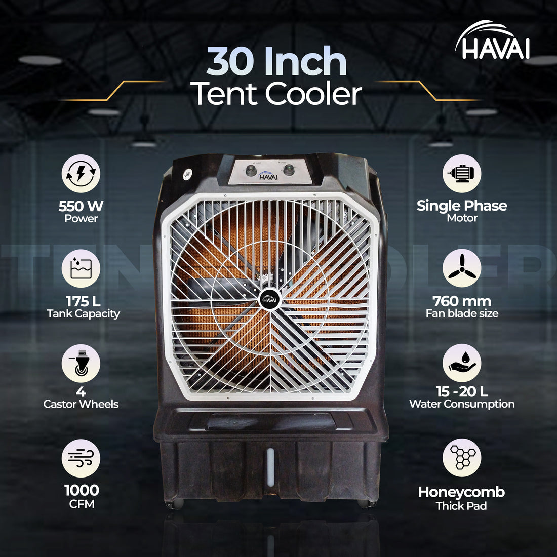 HAVAI 30 INCH Tent Commercial Cooler with Dense Honeycomb - 175 L, 30 Inch Blade, Black