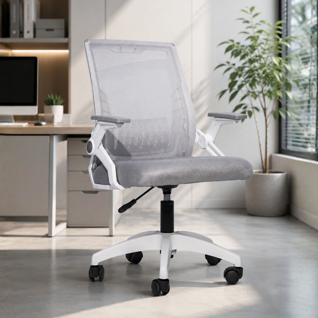 HAVAI Airon Ergonomic Office Chair with Mesh Back | Executive Computer Chair with Reclining &amp; Folding Function | Nylon Armrests | Class 2 Gas Lift | Plywood Base Support | Grey Seat | WFH &amp; Office Use | (Grey)