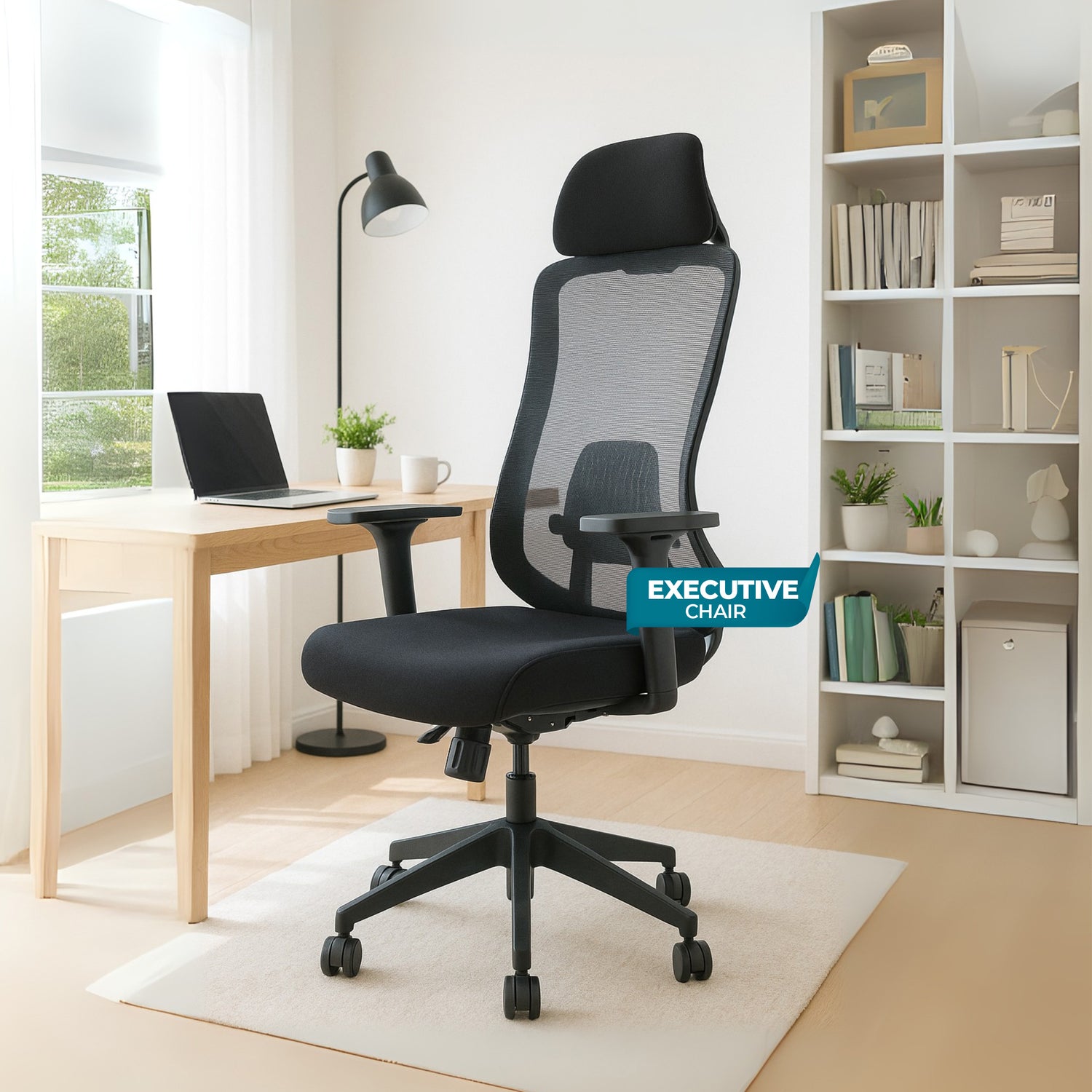 Off Comfy by HAVAI - Bolt Black Ergonomic Office Chair |  Yuva Mesh Back | 4D Arms with PU Pad | 1D Lumbar Support |  Auto Weight Mechanism with 4-Point Lock | Seat Slider | Crystal Chrome Base | 60mm Castors