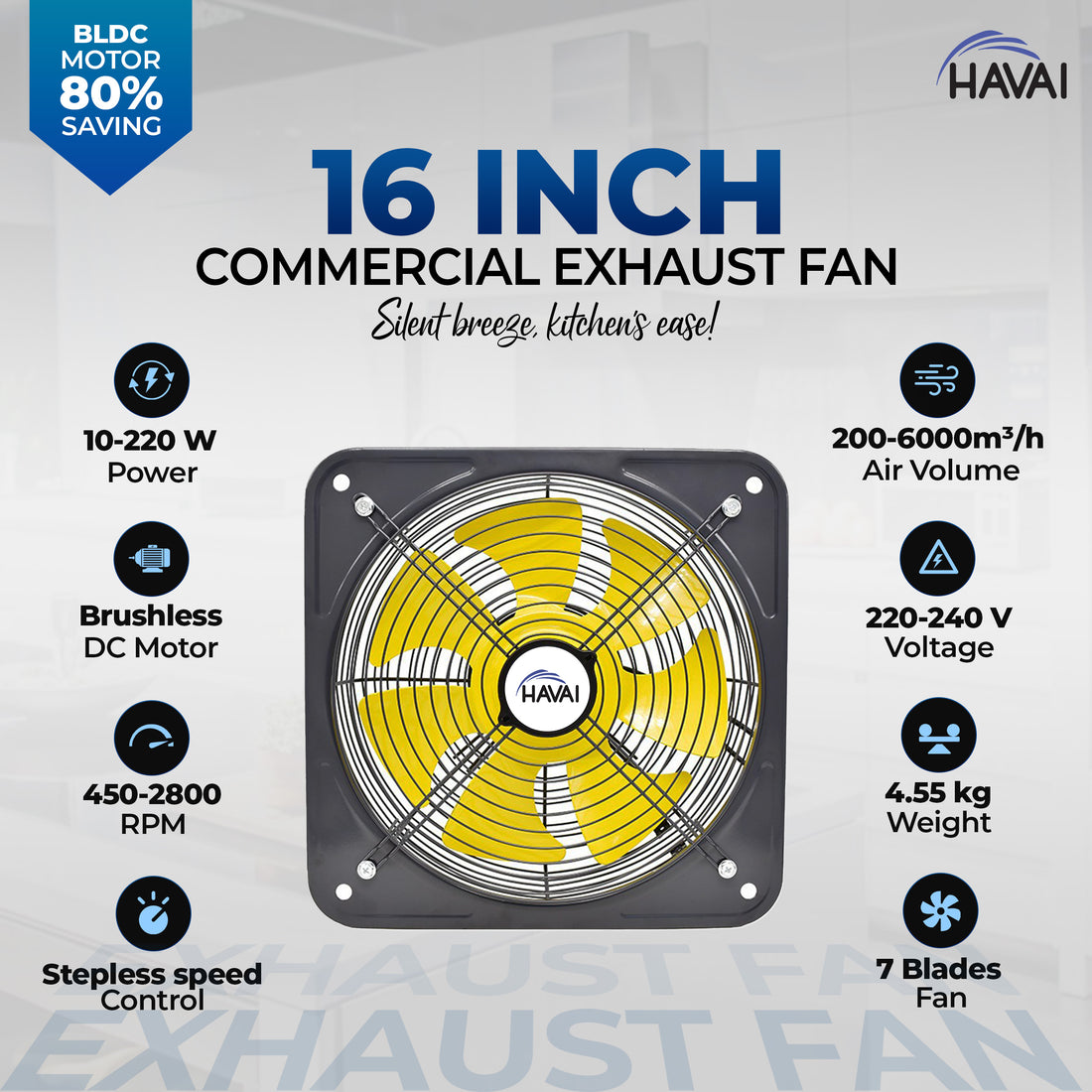HAVAI BLDC Exhaust Fan | Power : 10W - 220W | Speed: 450-2800 RPM | Air Volume: 200-6000 m³/h | 1-Year Warranty | Stepless Speed Control | Metal Frame Included | Soundless (16-Inch Blade)