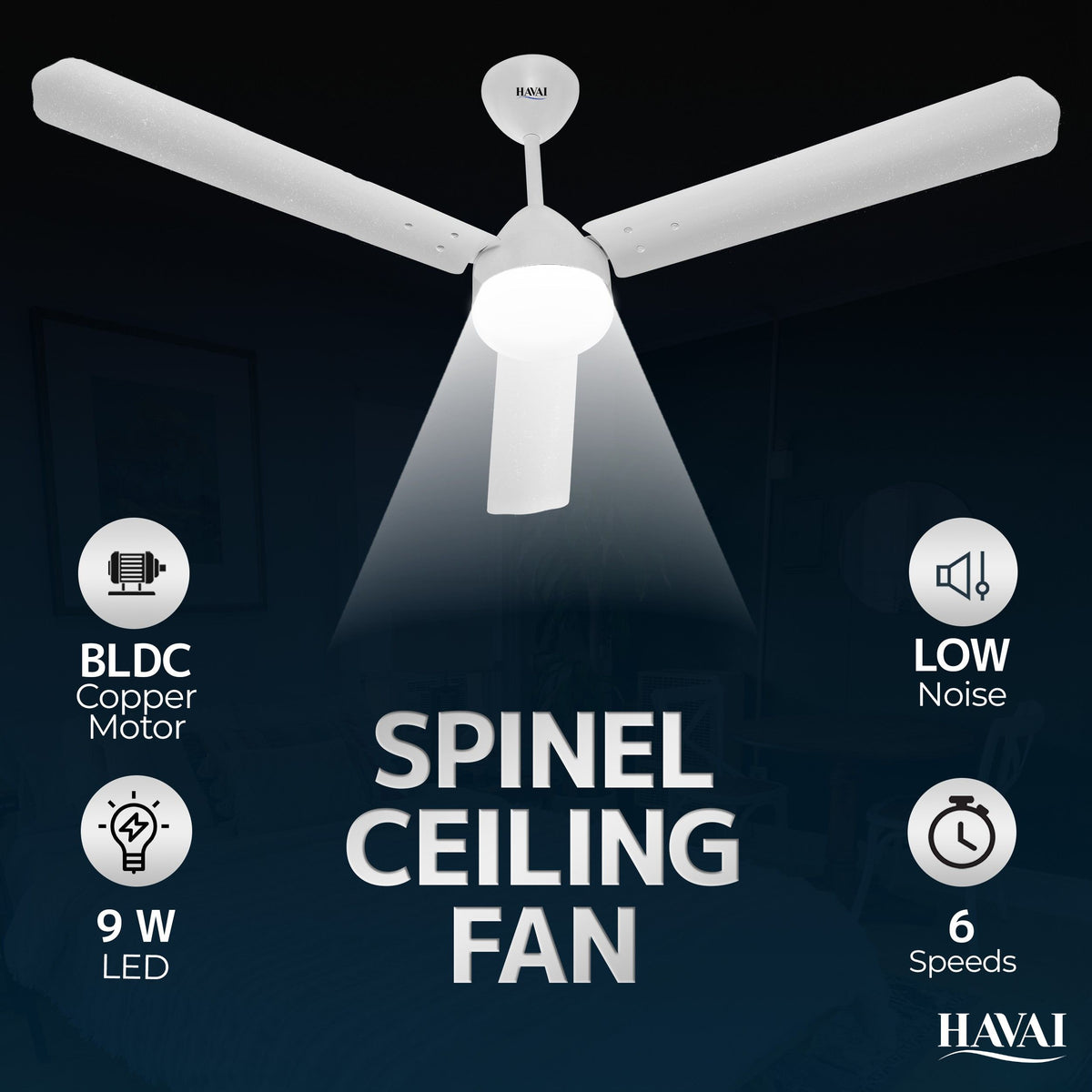 HAVAI Spinel BLDC Ceiling Fan 28W, 1200mm Blade with Remote - Pearl White,9W LED Light