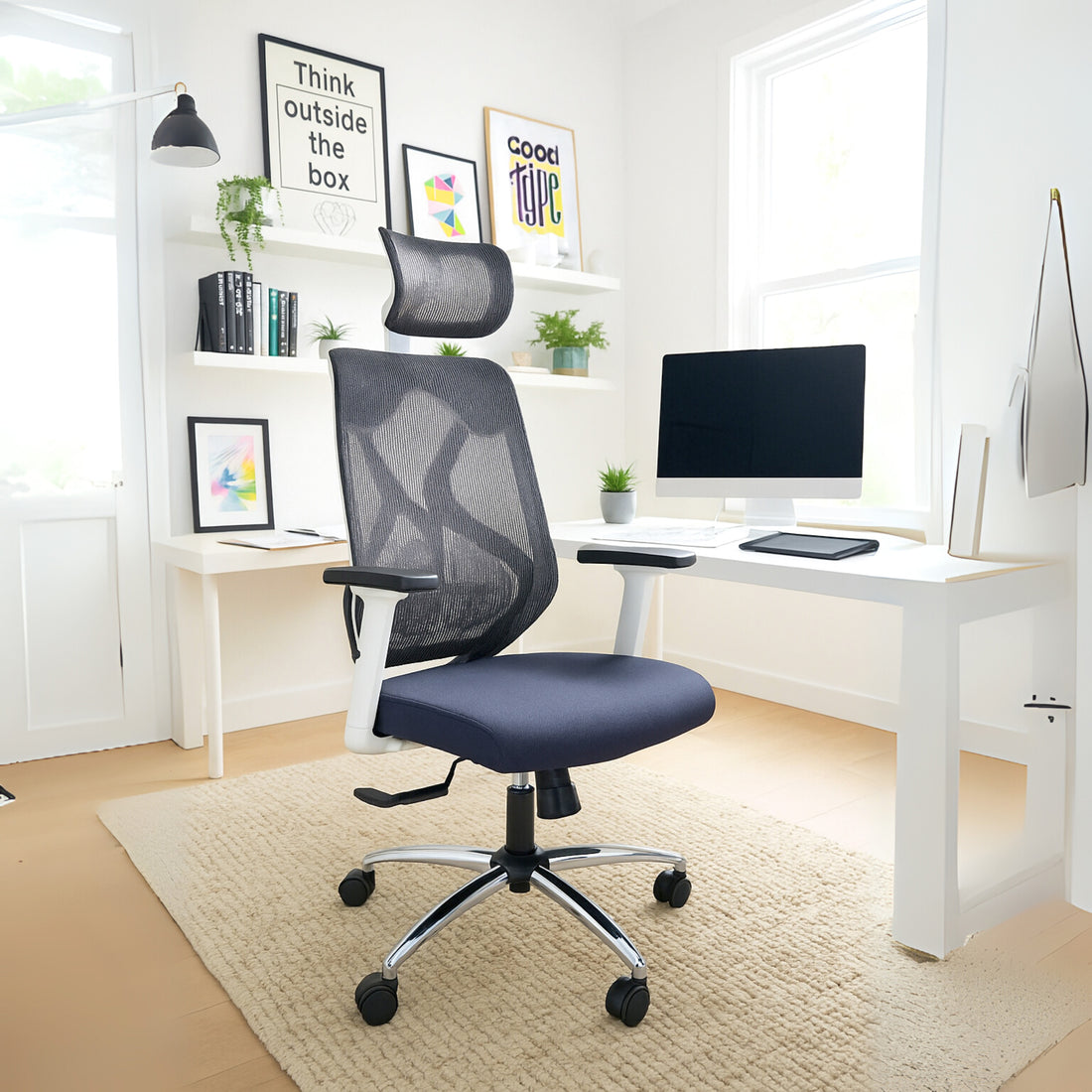 Off Comfy by HAVAI - Titan Pro Grey Chair |  Korean Mesh | Headrest | 2D Arms | Lumbar |  Seat Slider | Gaslift | Chrome Base | 60mm Castors