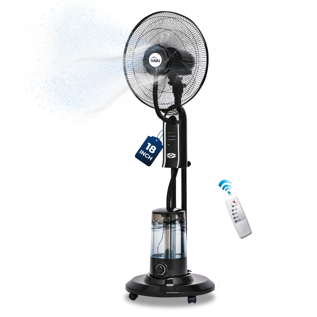 HAVAI RED 18&quot; BLDC Mist Pedestal Fan – High-Speed, Remote &amp; Touch Control, 3.2L Tank, 80W Power, 350 Sq Ft Coverage, Easy Install, Black (Copy)