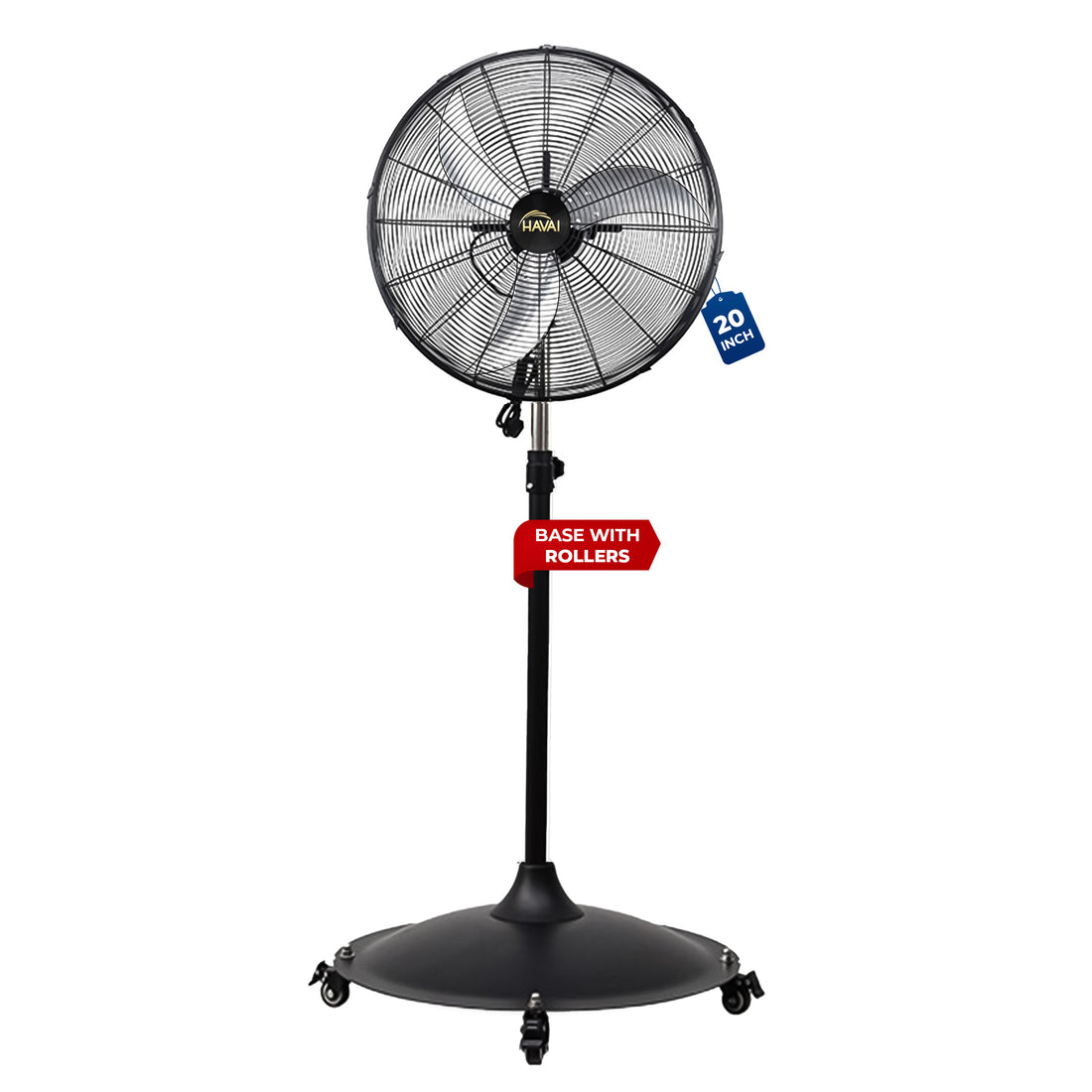 HAVAI 20-Inch Commercial BLDC Pedestal Fan (20–120W) | 2mm Aluminium Blades | Metal Base with 4 Lockable Industrial Wheels | Fingerproof Safety Grill | 4-Speed | 2-Year On-Site Warranty