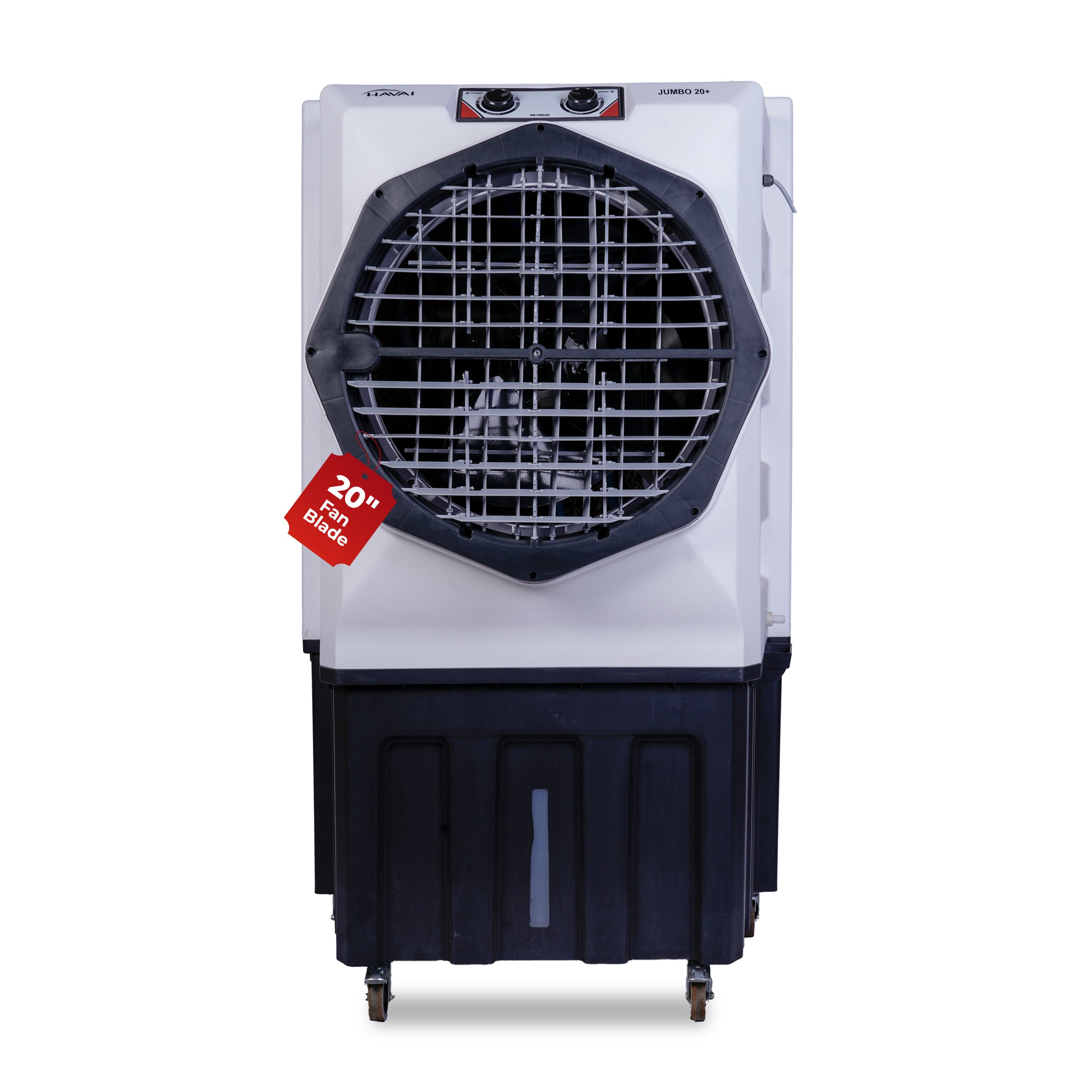HAVAI Jumbo 20+ Desert Air Cooler for Home &amp; Commercial Use | 20 Inch Aluminium Fan, 150L Tank, 6190 m³/hr Air Delivery | Covers 450 Sq Ft | Honeycomb Pads, Auto Swing Louvers, Wheels | White &amp; Grey
