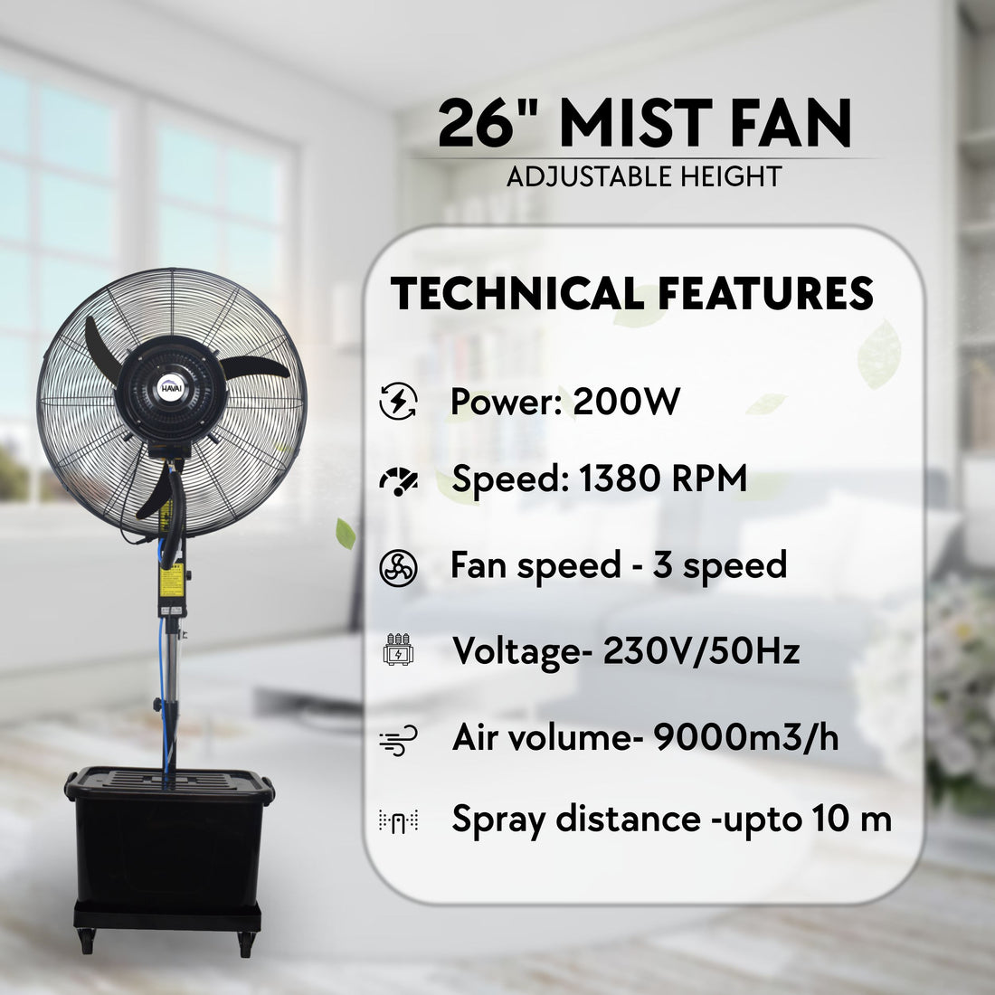 HAVAI Mist Fan 26 inch with Adjustable Rod, 41 Litre Tank, Assembly Included