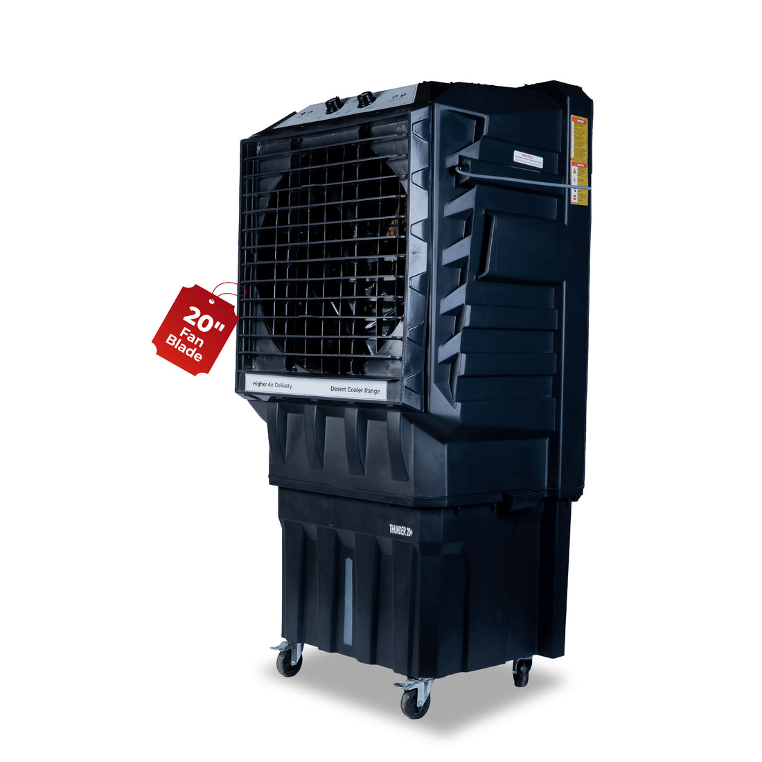 Thunder 20+ Desert Cooler |20 Inch Aluminum Blade |600 Feet Area Coverage|130 Litre Tank Capacity, Lockable Wheels, Auto Swing, Thick Dense Honeycomb, 1 Year Warranty|3 Speed Control