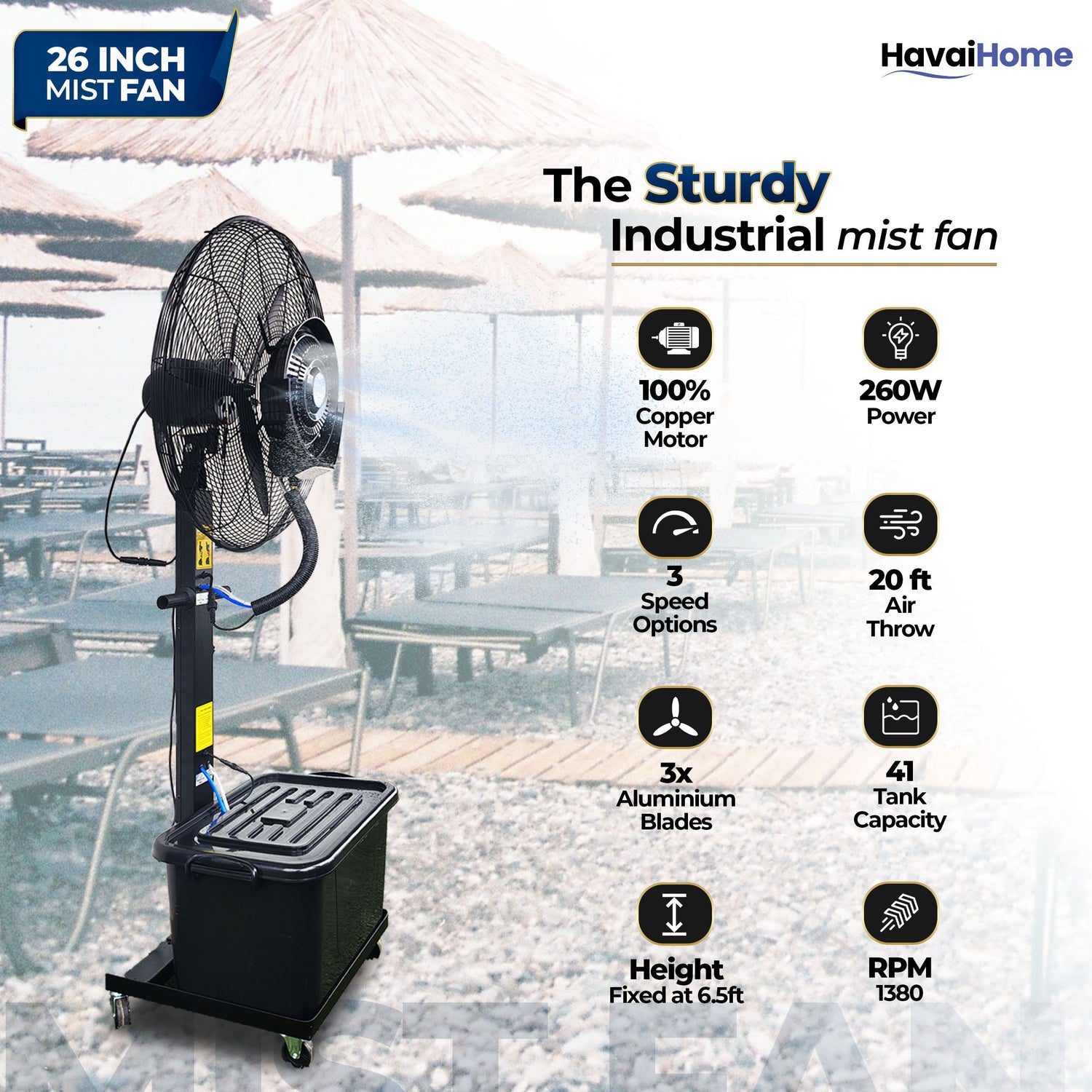 26″ Commercial Mist Fan, 260W Copper Motor | 10m Spray | Manual Mist Control | Aluminium Blade | Finger-Proof Grill | 41L Tank | Fixed 6ft Height | 48-Hour Installation &amp; 1-Year Warranty