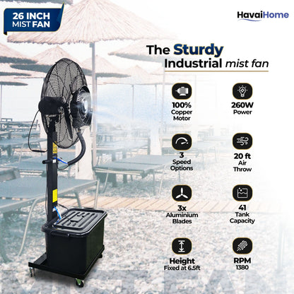 26″ Commercial Mist Fan, 260W Copper Motor | 10m Spray | Manual Mist Control | Aluminium Blade | Finger-Proof Grill | 41L Tank | Fixed 6ft Height | 48-Hour Installation &amp; 1-Year Warranty