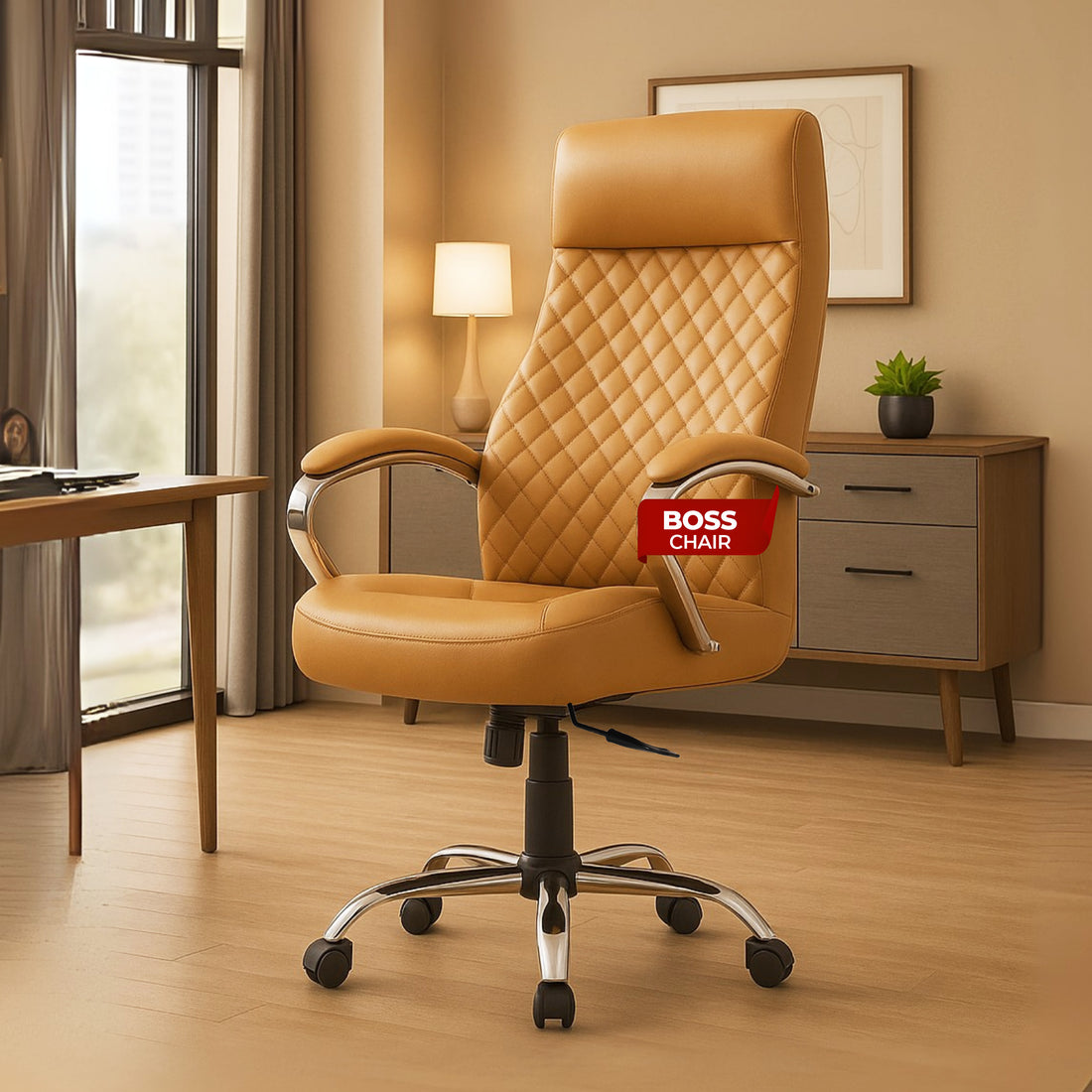 HAVAI Prime High Back Office Chair | Ergonomic Executive Chair |  Premium Leather | Single Lock Tilt Mechanism |  Mild Steel Chrome Base &amp; Arms | Class 4 Gaslift |  50mm Casters | High-Density Back &amp; Seat Cushion (Camel)