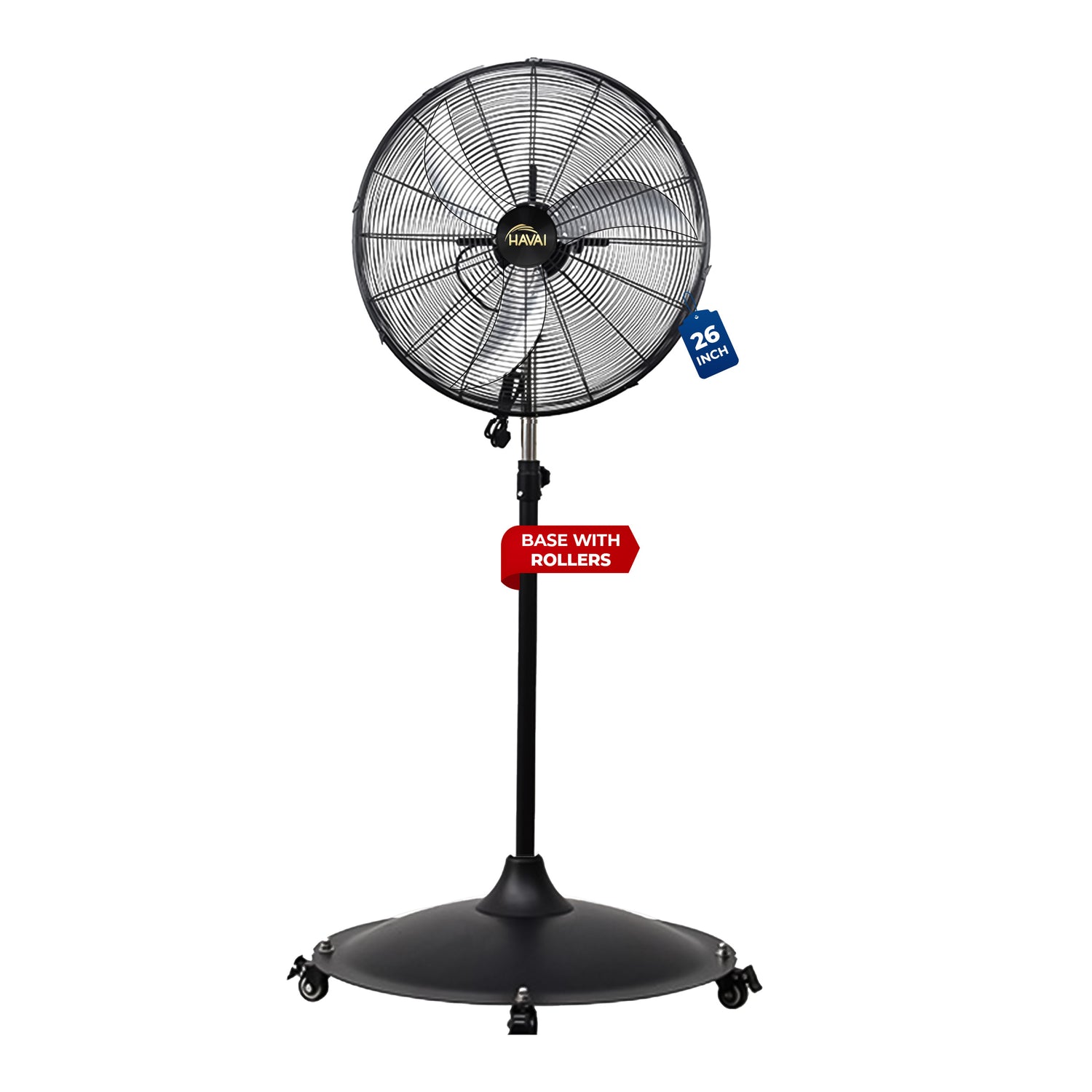 HAVAI 26-Inch Commercial BLDC Pedestal Fan (30–130W) | 2mm Aluminium Blades | Heavy-Duty Metal Base with 4 Lockable Industrial Wheels | Fingerproof Grill | High Airflow | 2-Year On-Site Warranty