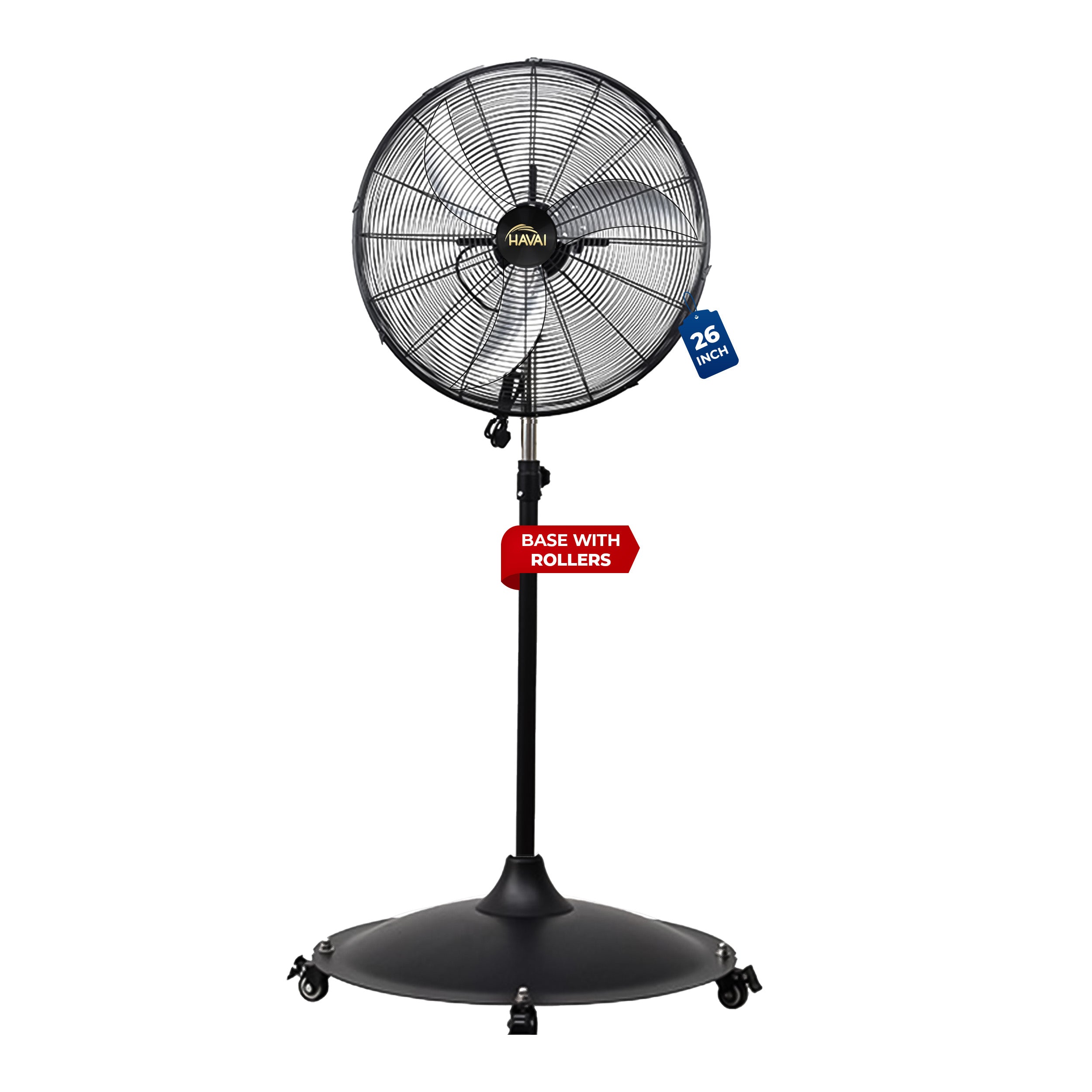 HAVAI 26-Inch Commercial BLDC Pedestal Fan (30–130W) | 2mm Aluminium Blades | Heavy-Duty Metal Base with 4 Lockable Industrial Wheels | Fingerproof Grill | High Airflow | 2-Year On-Site Warranty