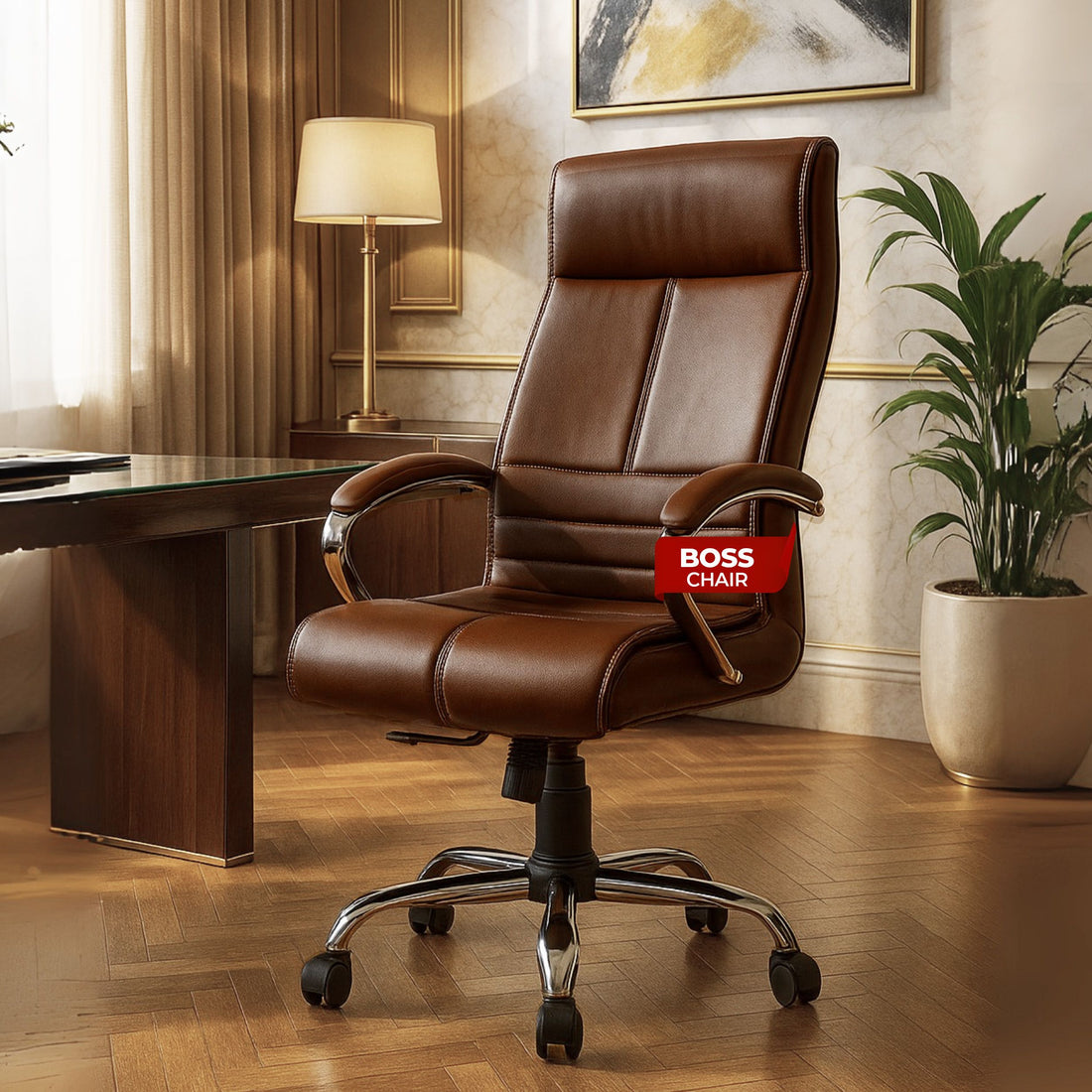 Nova High Back Office Chair | Premium Leather | Ergonomic Executive Chair with Single Lock Tilt Mechanism | Chrome Steel Base & Arms | Class 4 Gaslift | 50mm Casters | High-Density Cushioned Seat & Back (Brown)