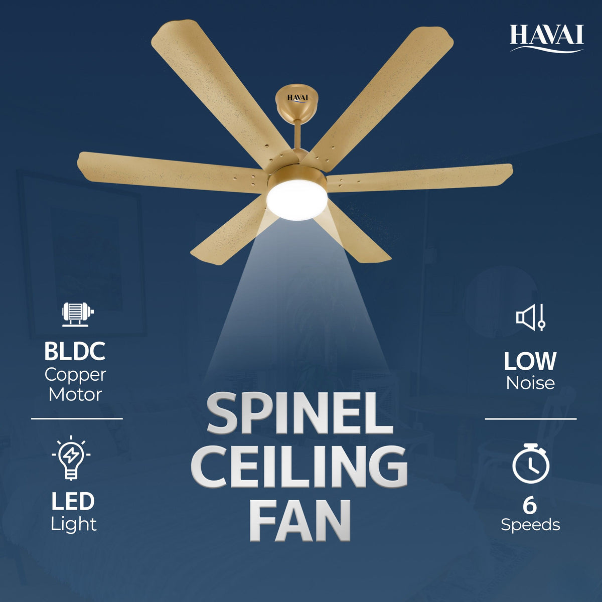 HAVAI Spinel BLDC Ceiling Fan 35W, 1200mm Blade with Remote - Champagne Yellow, 9W LED Light
