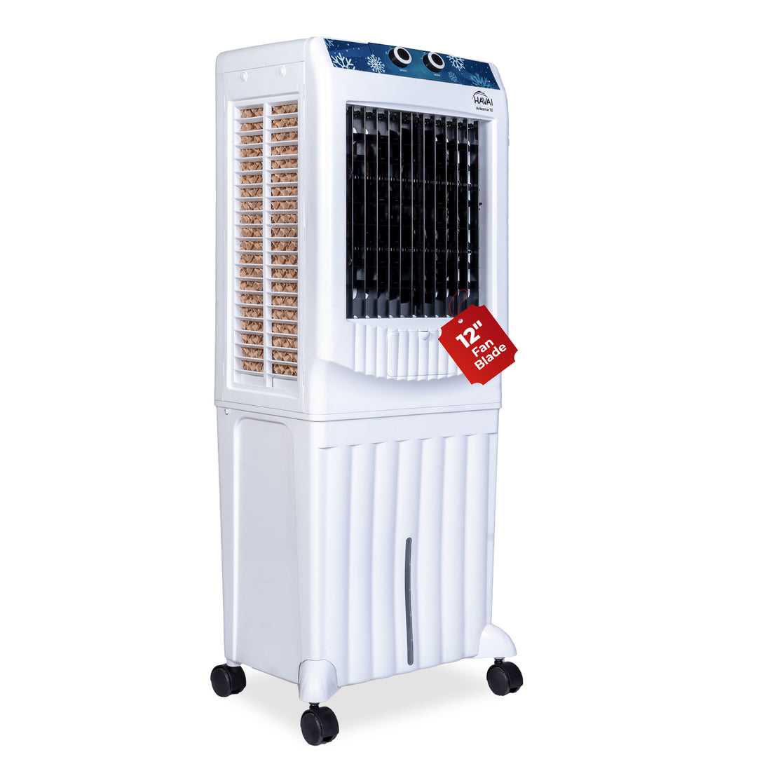 HAVAI Arizona 12 Personal Air Cooler | 12-Inch Fan | 60L Water Tank | Air Throw up to 8 Feet | 2000 m³/hr Air Delivery | 3-Side Honeycomb Pads | Motorised Louvers | Energy Efficient 120W | White