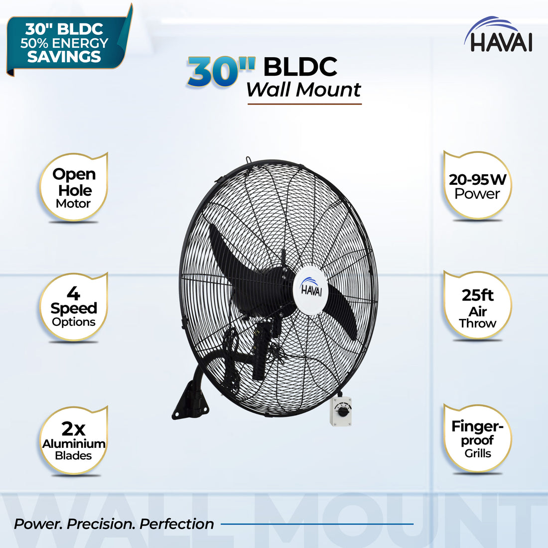 Havai BLDC Wall Mount Fan 30 Inch, 50% Savings On Electricity, High Velocity, Heavy Duty Metal For Industrial, Commercial And Residential Use, Assembly Included , Black
