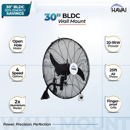 Havai BLDC Wall Mount Fan 30 Inch, 50% Savings On Electricity, High Velocity, Heavy Duty Metal For Industrial, Commercial And Residential Use, Assembly Included , Black