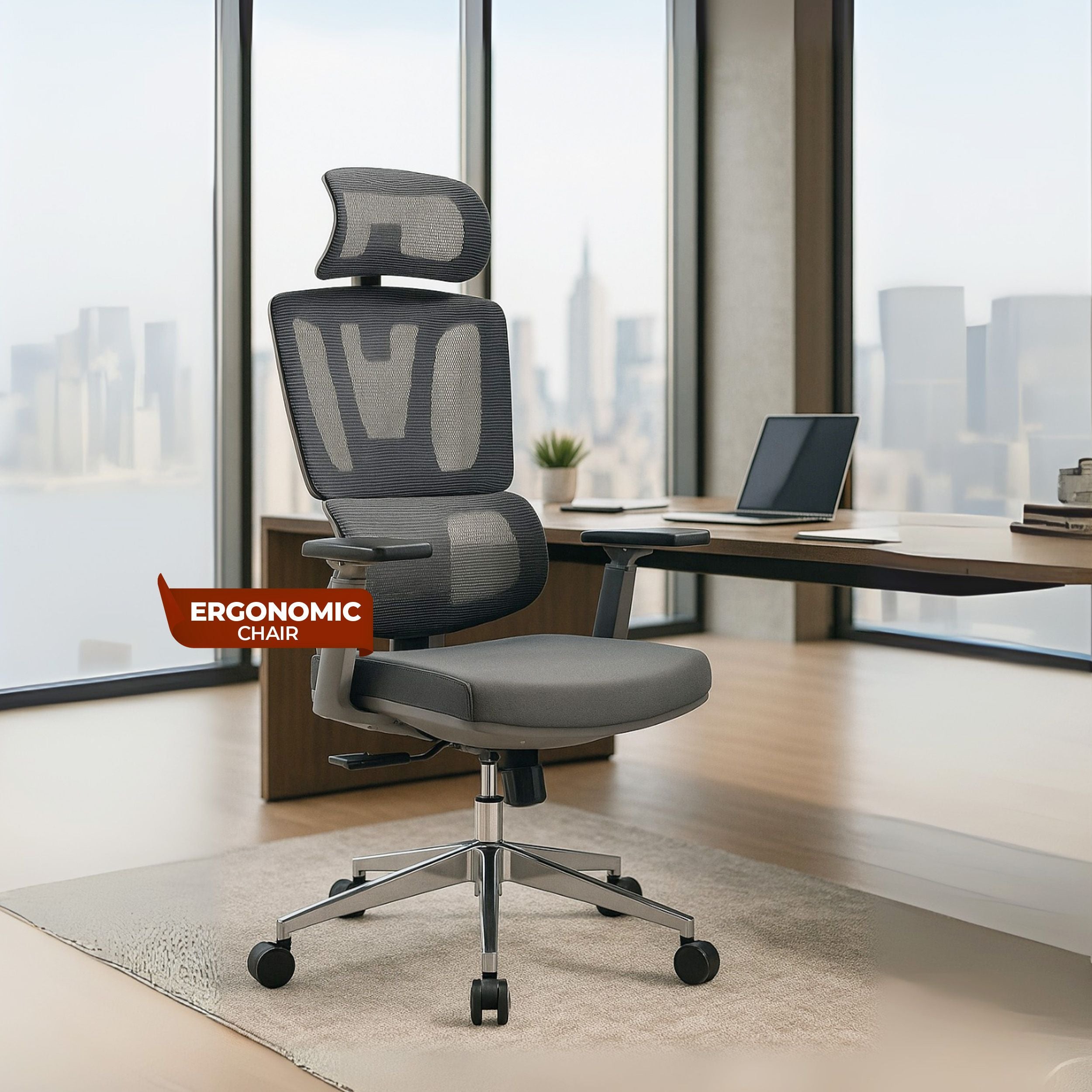 HAVAI Neo High Back Ergonomic Mesh Office Chair |  Multi-Lock Mechanism | Chrome Base | 3D Armrests with PU Pads  | Adjustable Headrest | Breathable Mesh Back (Grey)